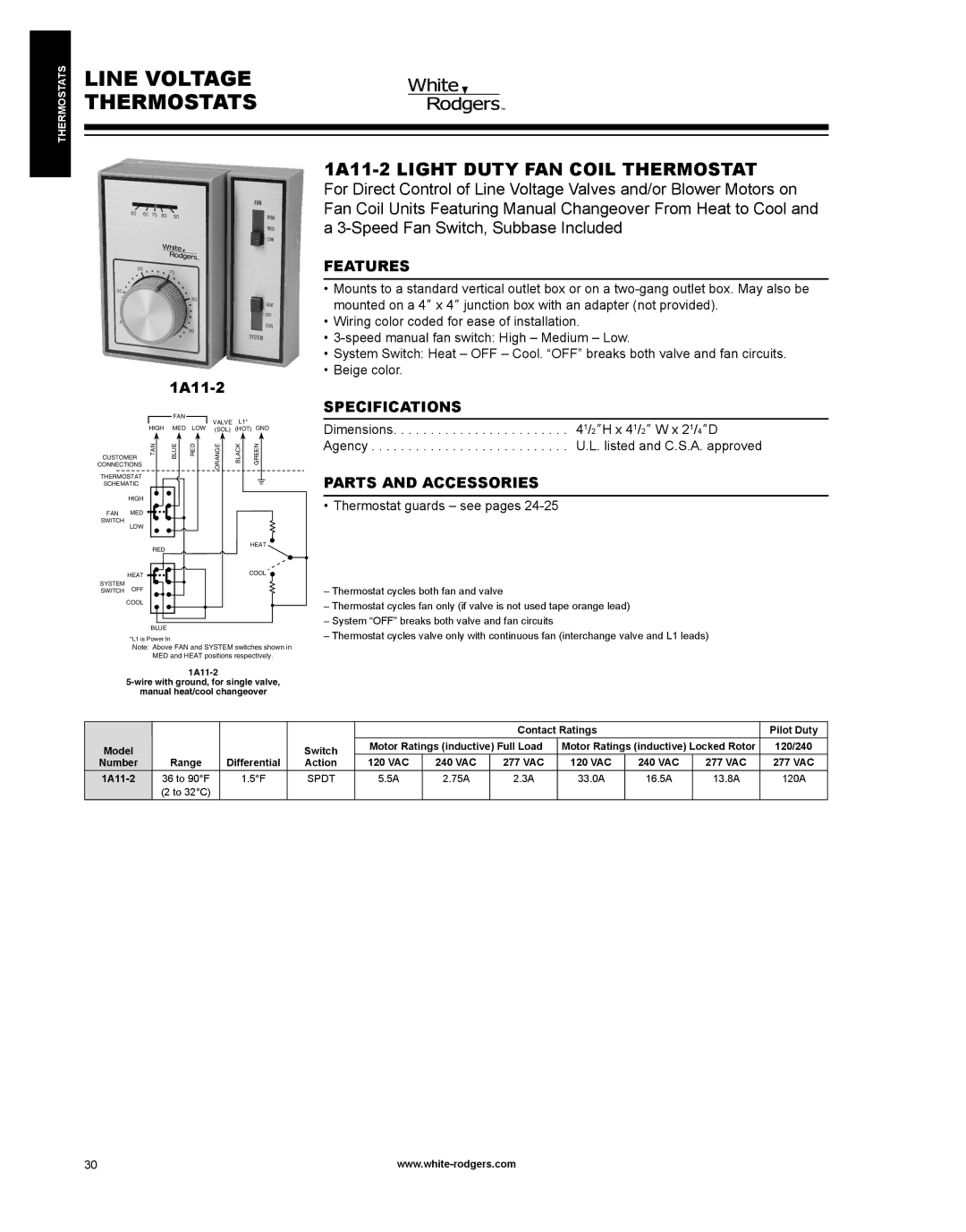 Emerson 1A11-2 dimensions Line Voltage Thermostats, 1a11-2 Light Duty FAN Coil Thermostat, Features, Specifications 