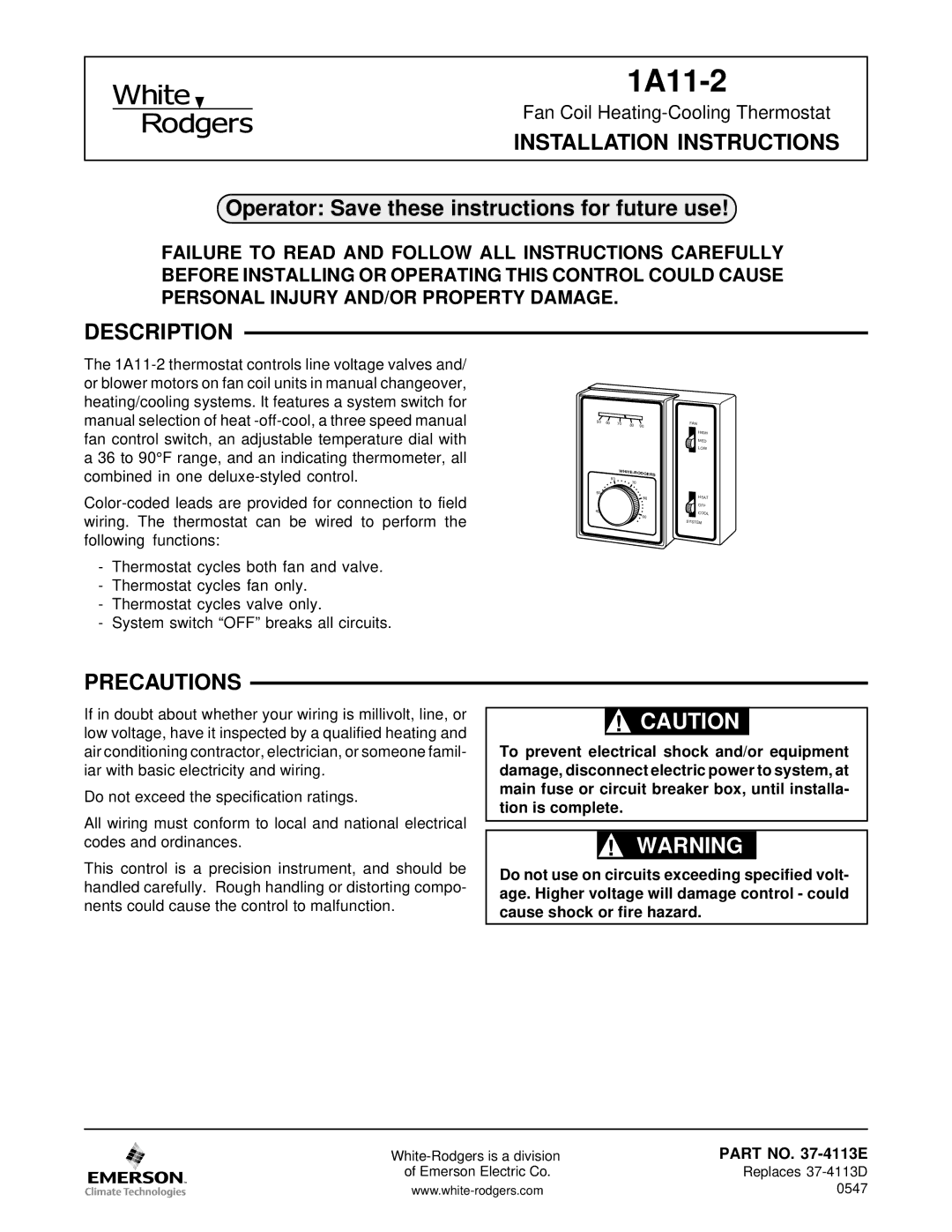 Emerson 1A11-2 installation instructions Installation Instructions, Operator Save these instructions for future use 