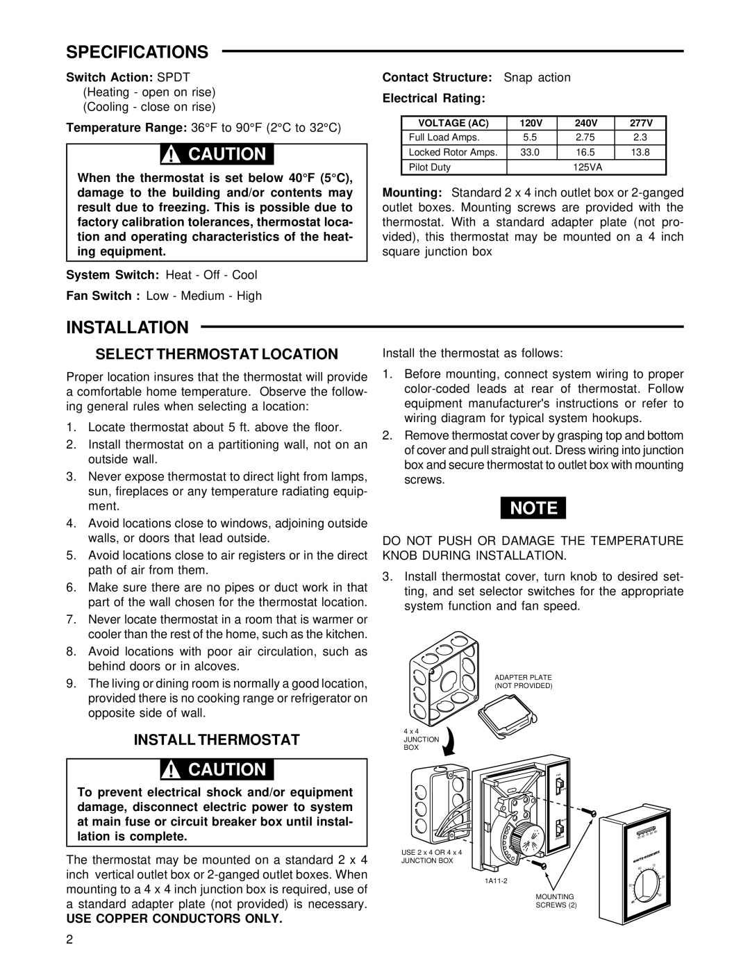 Emerson 1A11-2 installation instructions Specifications, Installation, Select Thermostat Location, Install Thermostat 