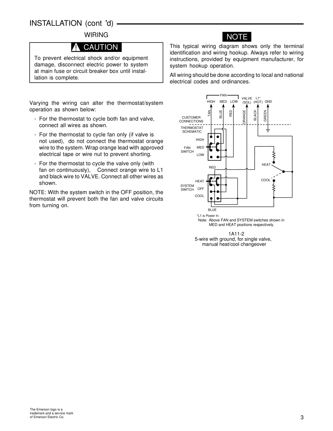 Emerson 1A11-2 installation instructions Installation cont’d, Wiring 