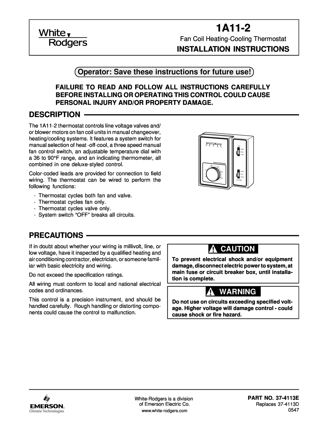 Emerson 1A11-2 installation instructions Installation Instructions, Operator Save these instructions for future use 