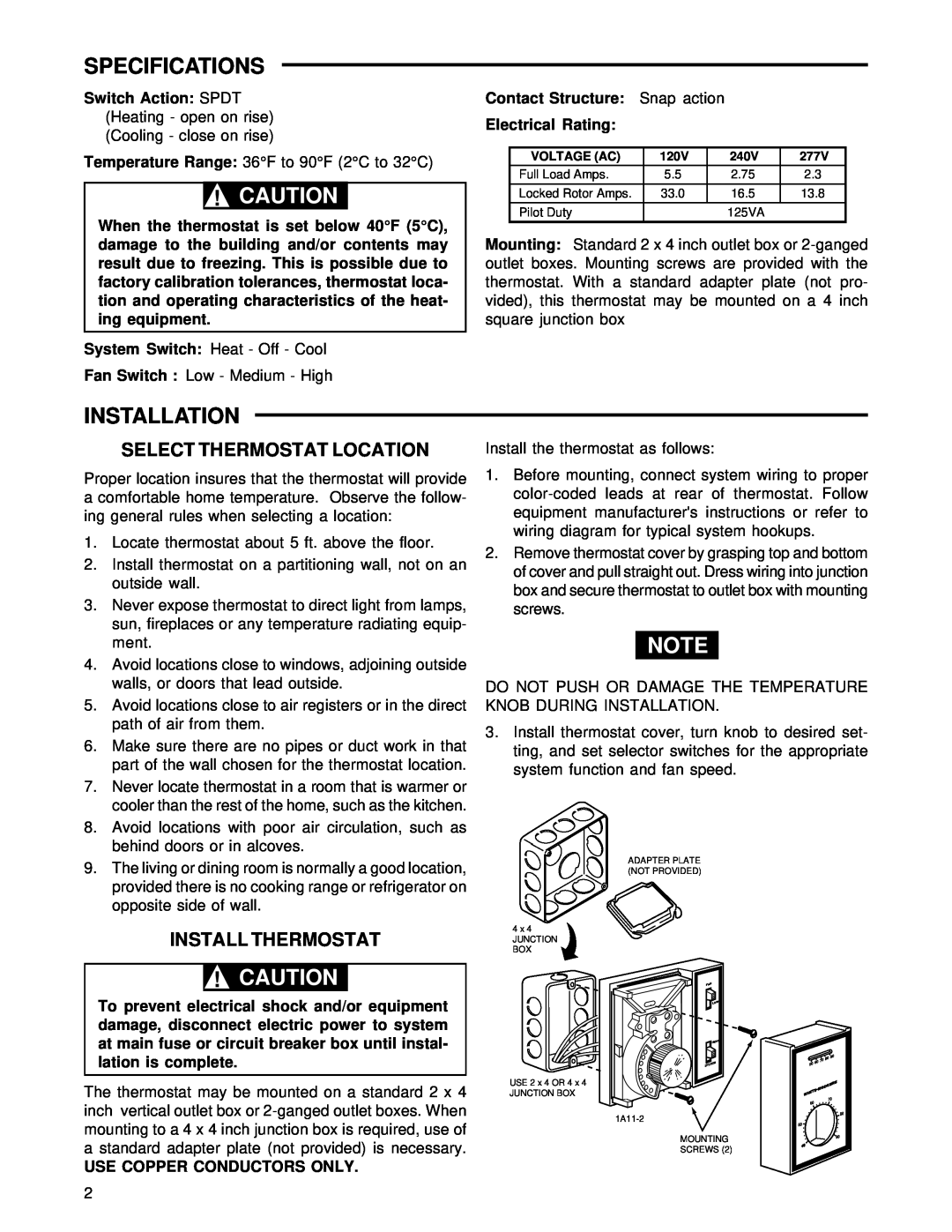 Emerson 1A11-2 installation instructions Specifications, Installation, Select Thermostat Location, Install Thermostat 