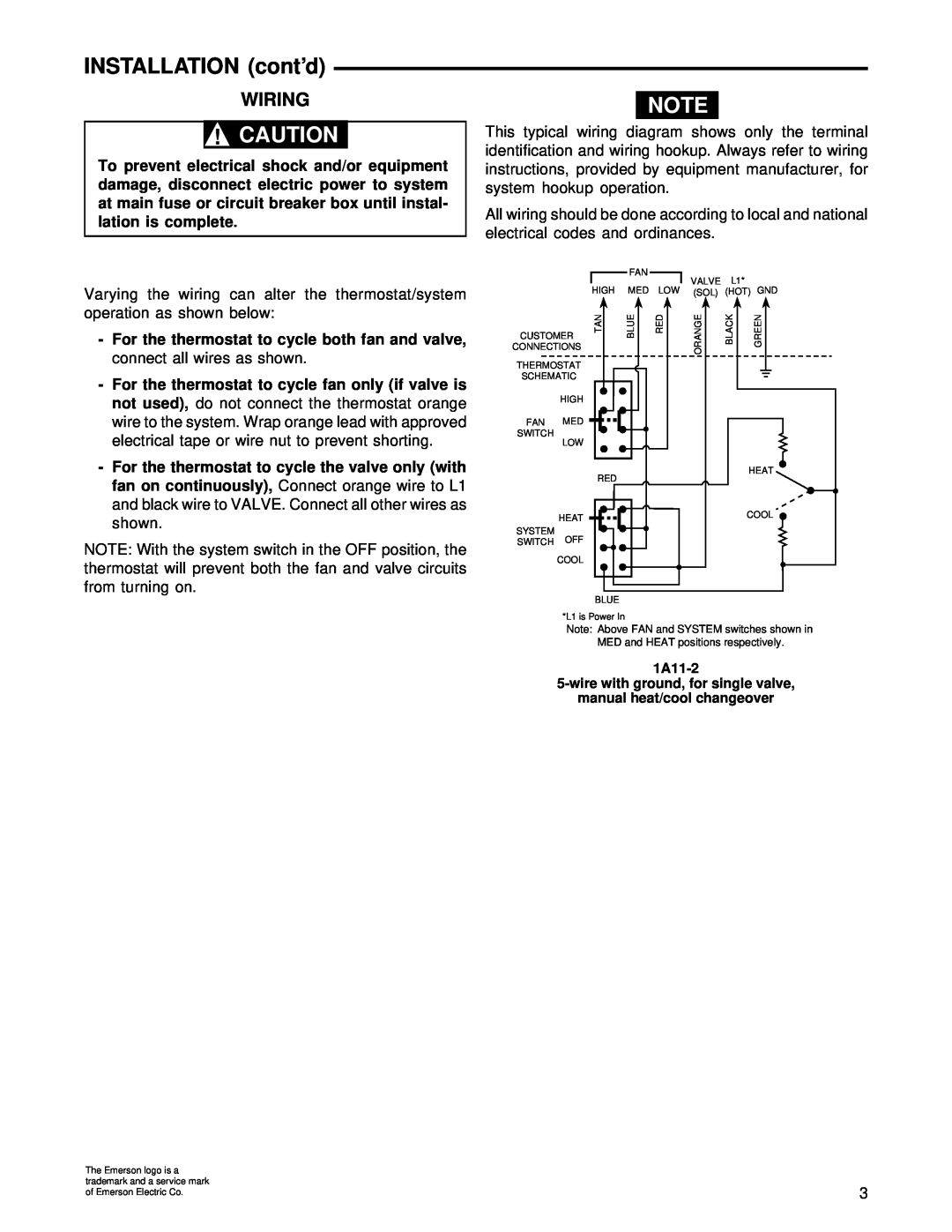 Emerson 1A11-2 installation instructions INSTALLATION cont’d, Wiring 