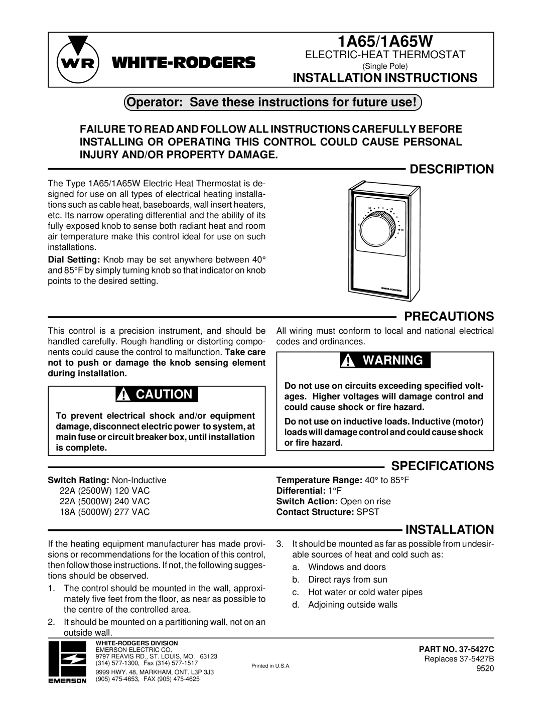 Emerson 1A65W installation instructions Installation Instructions, Description Precautions 