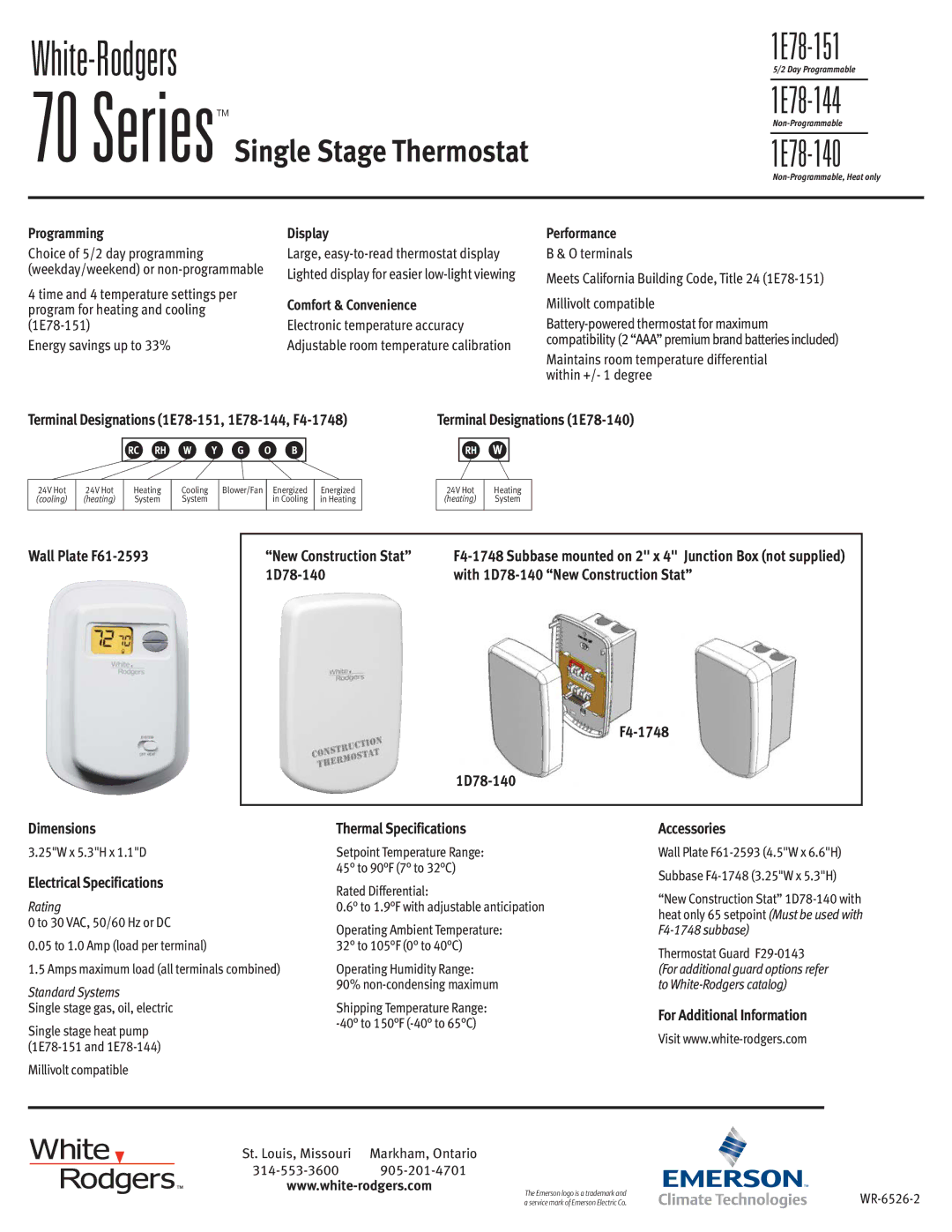 Emerson 1E78-144 Programming, Display Performance, Comfort & Convenience, Terminal Designations 1E78-140, Accessories 