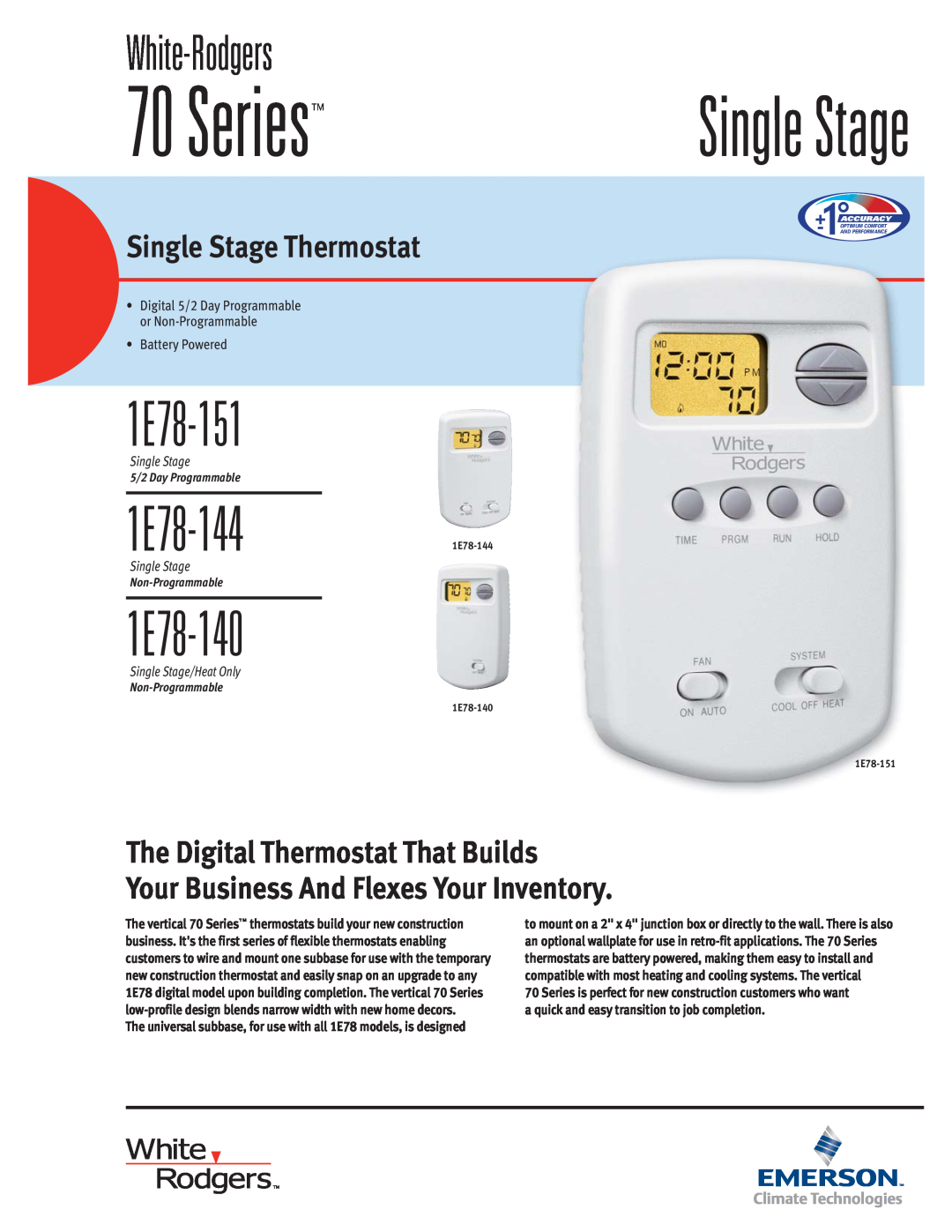 Emerson 1E78-151 manual Series, 1E78-1441E78-144, 1E78-140, White-Rodgers, Single Stage Thermostat, Battery Powered 