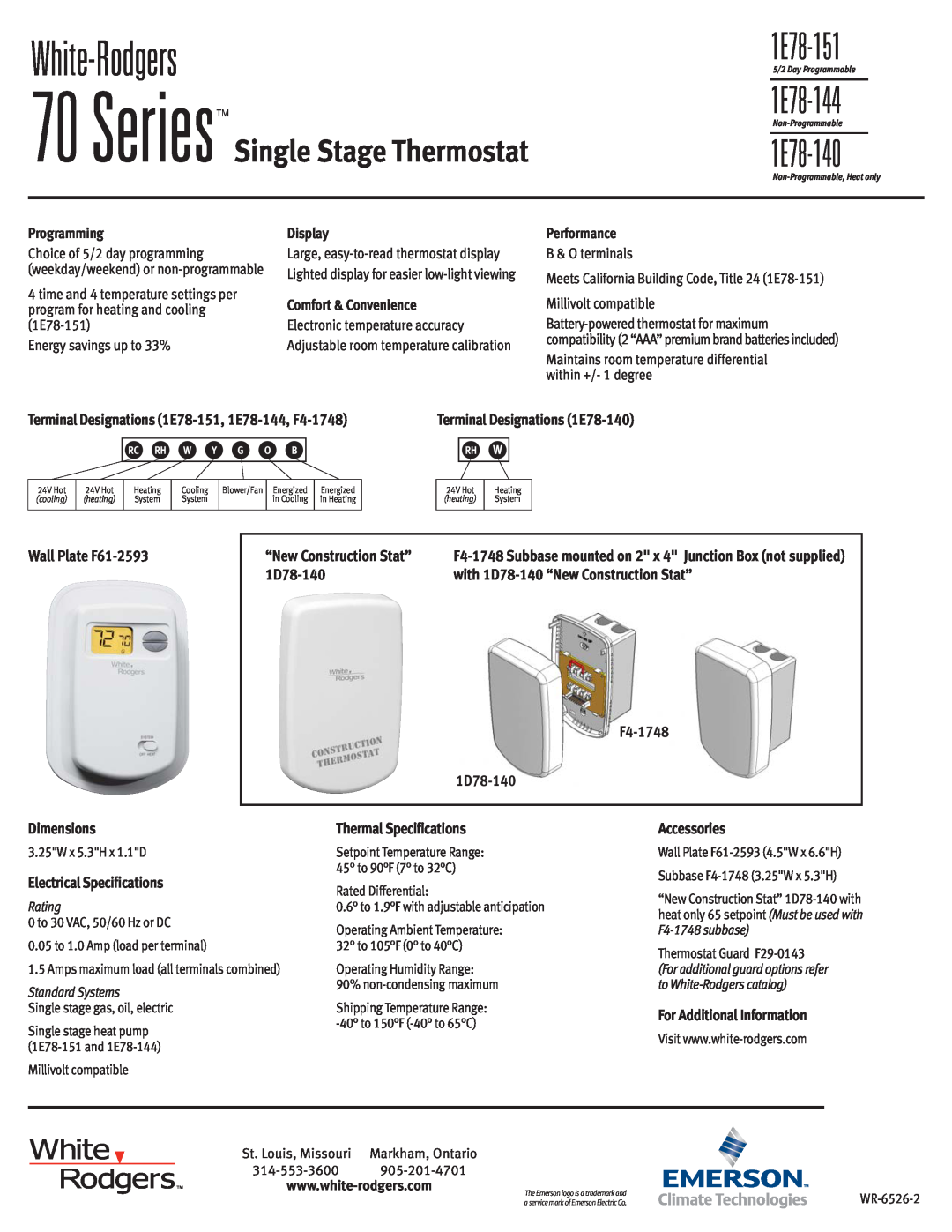 Emerson 1E78-144 manual White-Rodgers, 1E78-151, 1E78-140, Series Single Stage Thermostat 