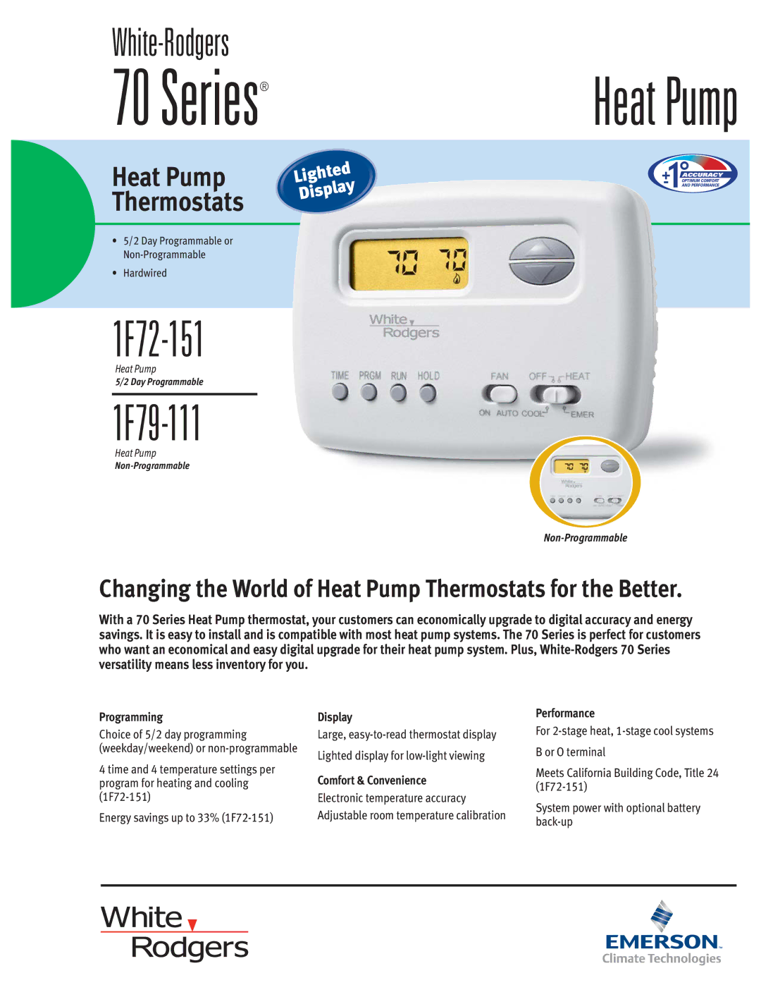 Emerson 1F79-111, 1F72-151 manual Programming, Display, Comfort & Convenience, Performance 