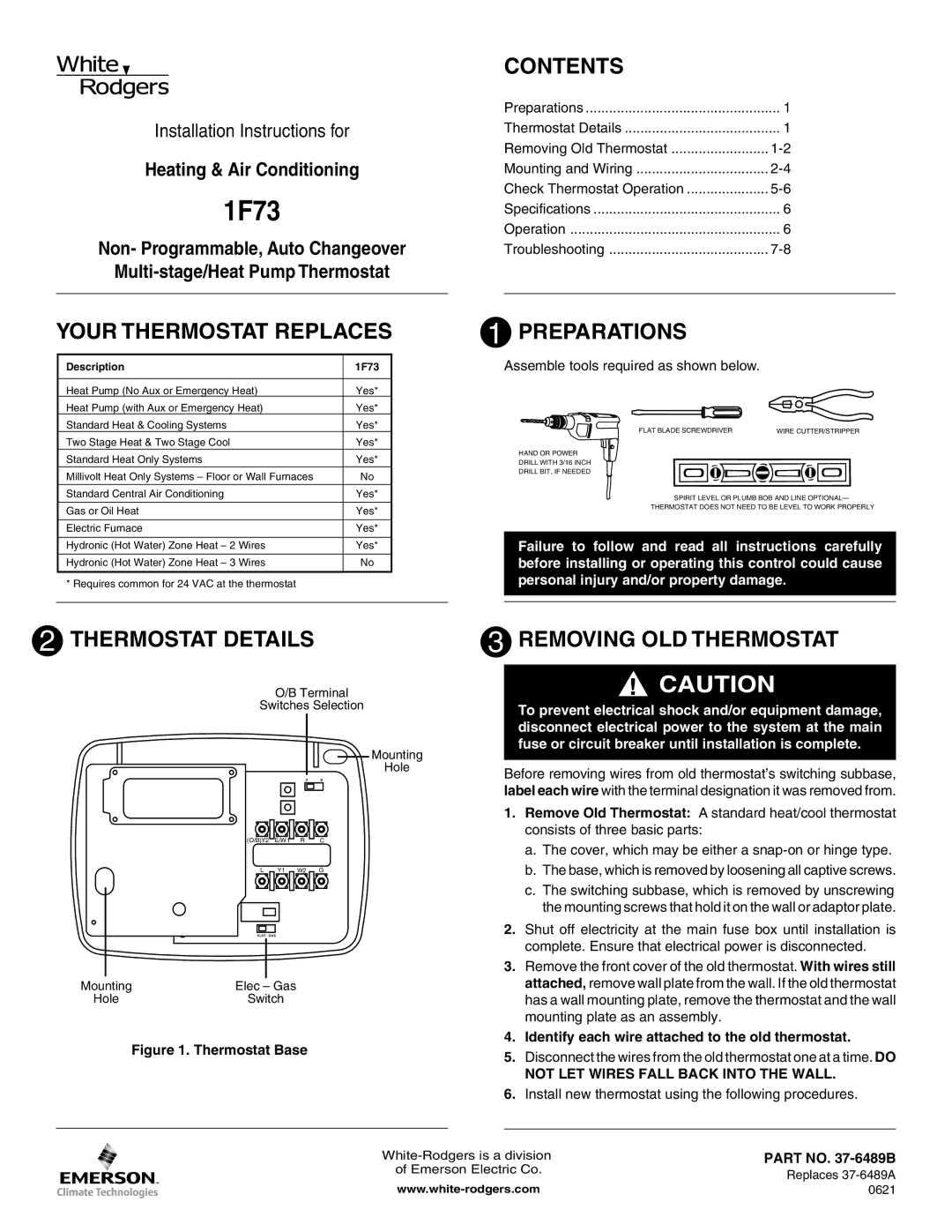 Emerson 1F73 installation instructions Your Thermostat Replaces, Contents, Preparations, Thermostat Details 