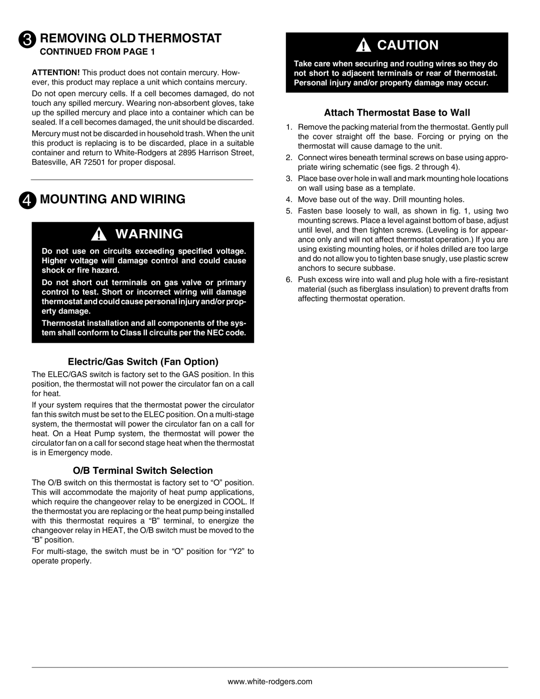 Emerson 1F73 installation instructions Mounting and Wiring, Electric/Gas Switch Fan Option, Terminal Switch Selection 