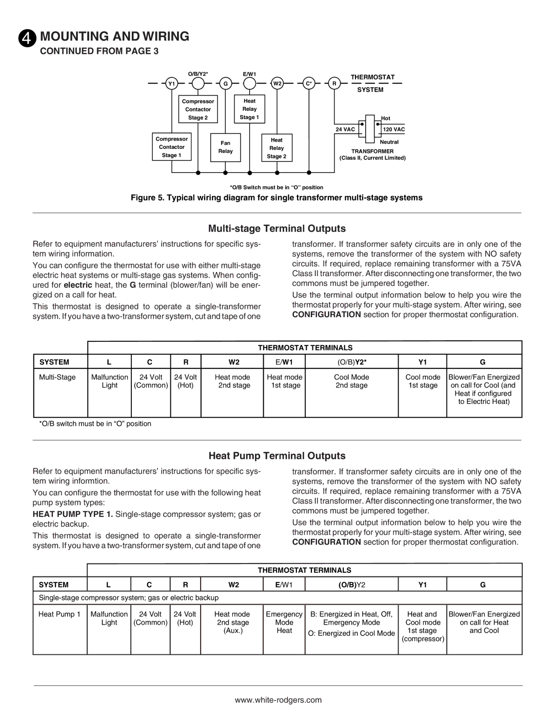 Emerson 1F73 installation instructions Multi-stage Terminal Outputs, Heat Pump Terminal Outputs, Thermostat System 