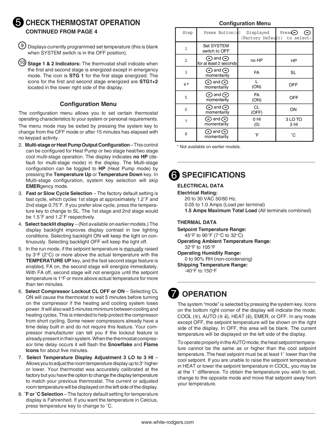 Emerson 1F73 installation instructions Specifications, Operation, Configuration Menu 