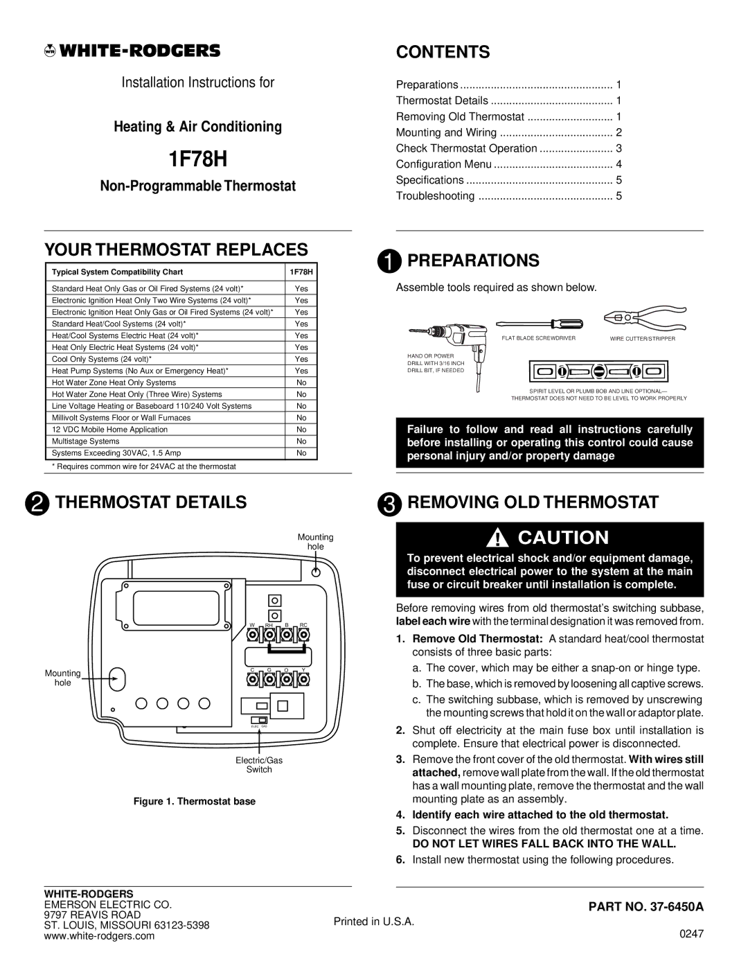 Emerson 1F78H installation instructions Your Thermostat Replaces, Contents, Preparations, Thermostat Details 