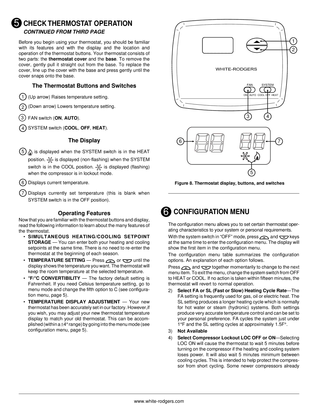 Emerson 1F78H Configuration Menu, Thermostat Buttons and Switches, Display, Operating Features, From Third 