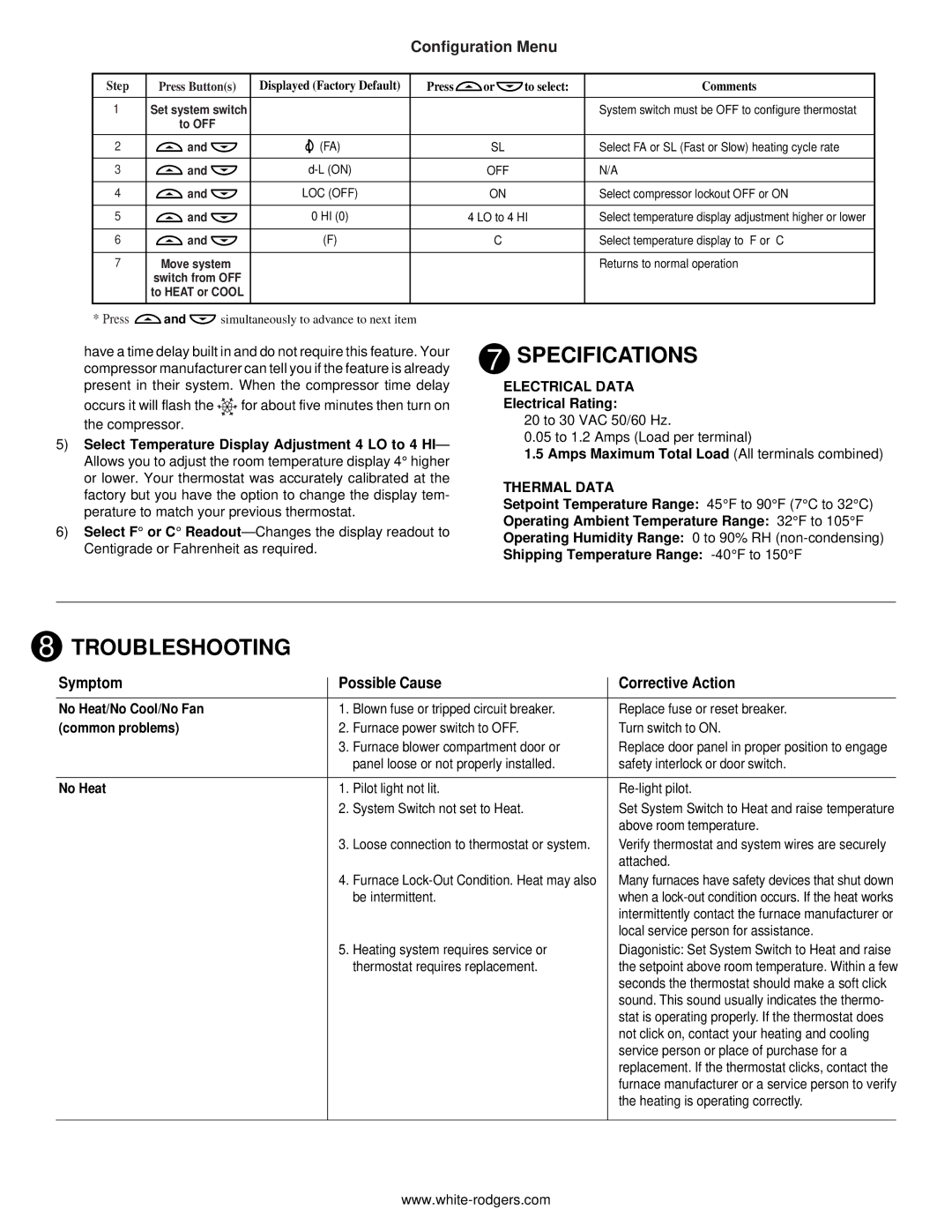 Emerson 1F78H installation instructions Specifications, Troubleshooting 