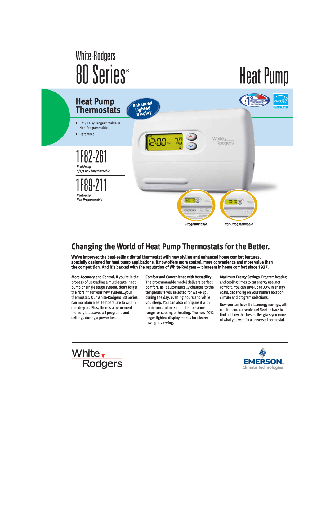 Emerson 1F89-211 manual White-Rodgers, Series, Heat Pump, 1F82-261, Thermostats, Enhanced, Lighted, Display 