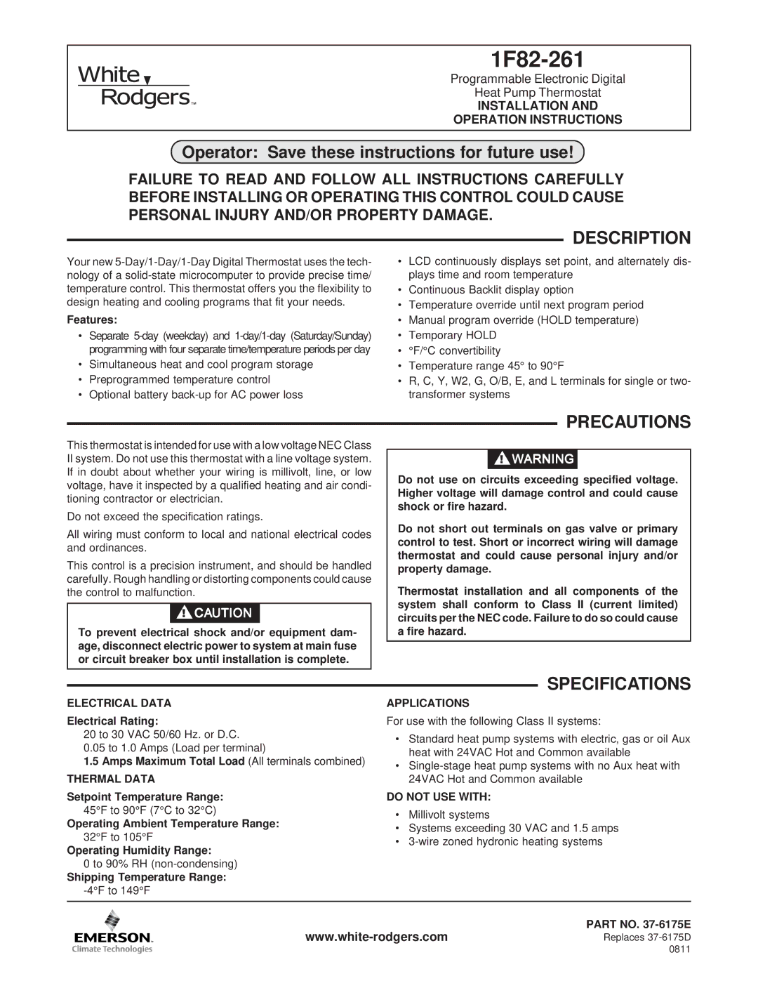 Emerson 1F82-261 specifications Description, Precautions, Specifications 