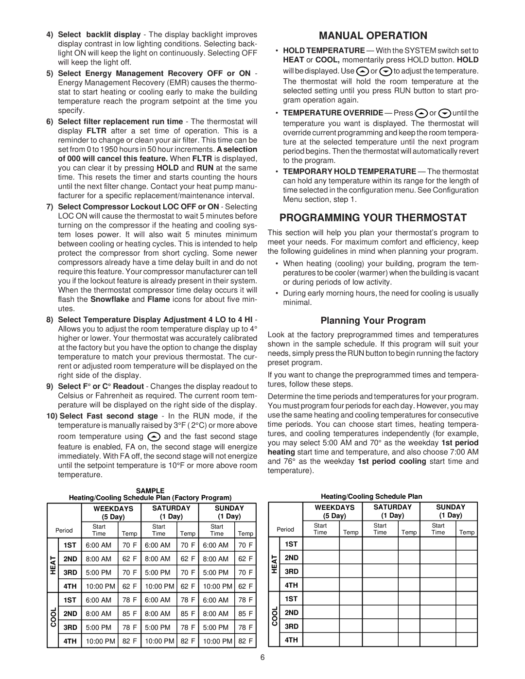 Emerson 1F82-261 specifications Manual Operation, Programming Your Thermostat, Planning Your Program 