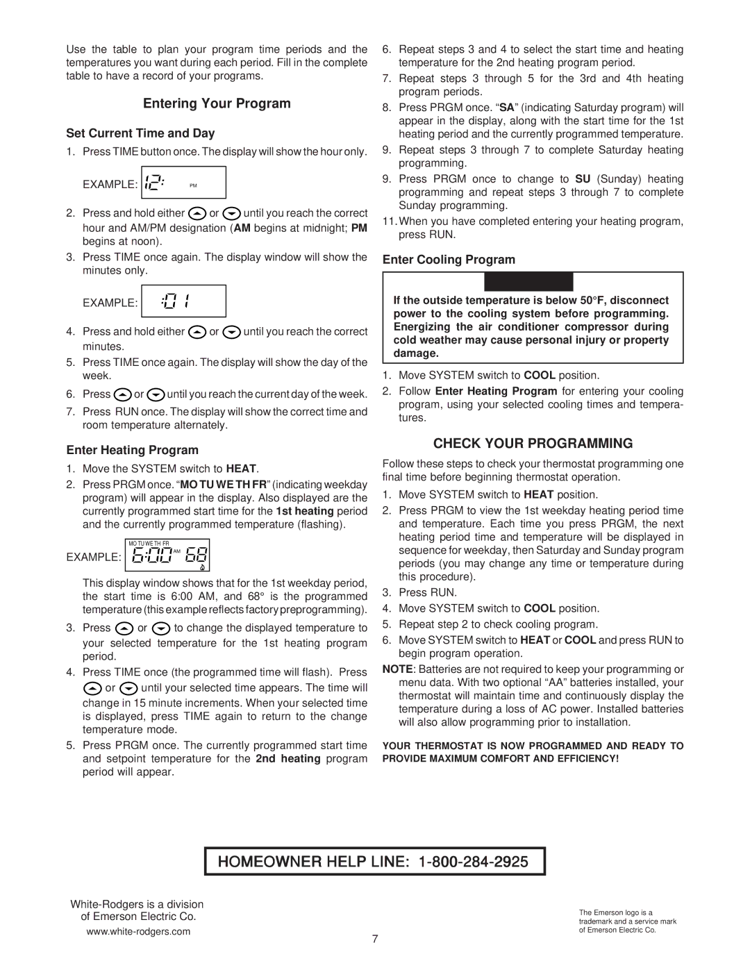 Emerson 1F82-261 Entering Your Program, Set Current Time and Day, Enter Cooling Program, Enter Heating Program 