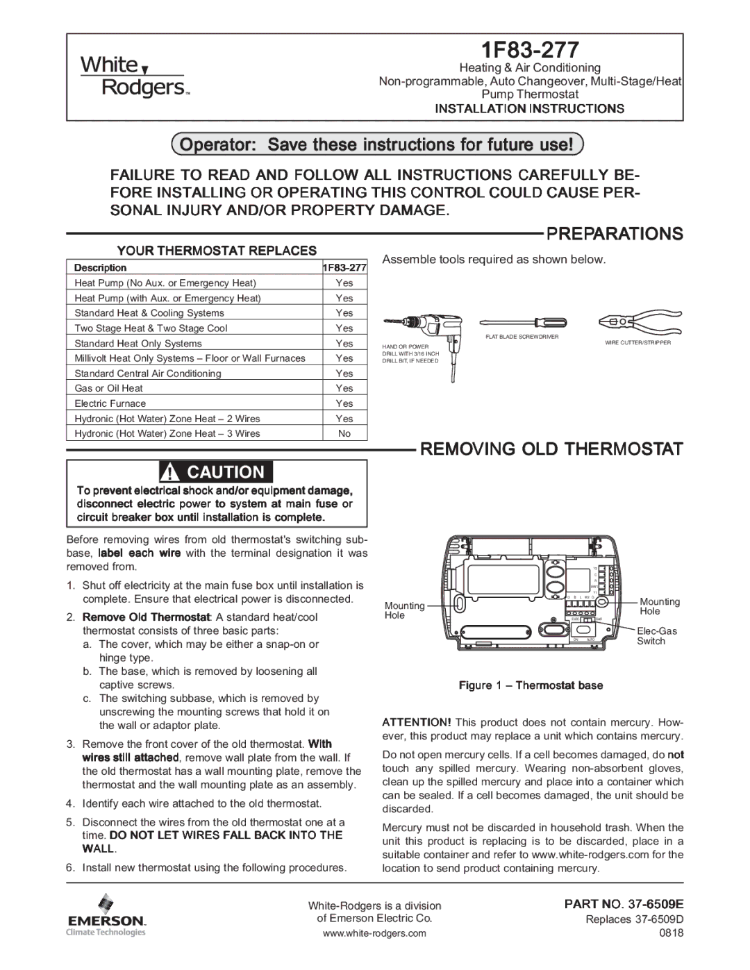 Emerson 1F83-277 installation instructions Preparations, Removing OLD Thermostat 