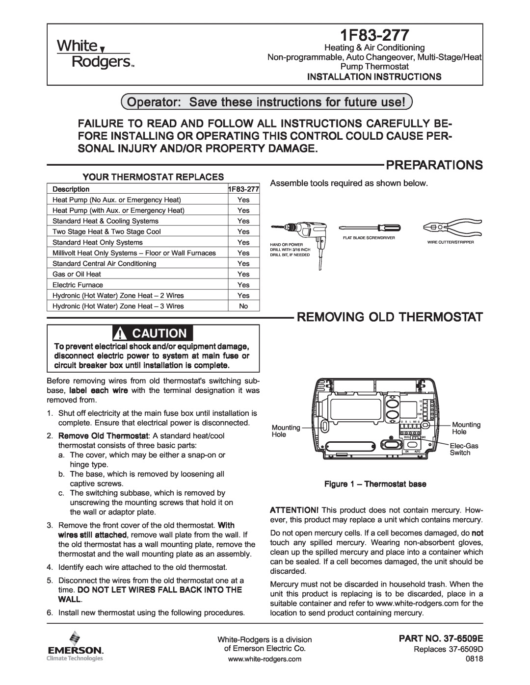 Emerson 1F83-277 installation instructions Operator Save these instructions for future use, Preparations 