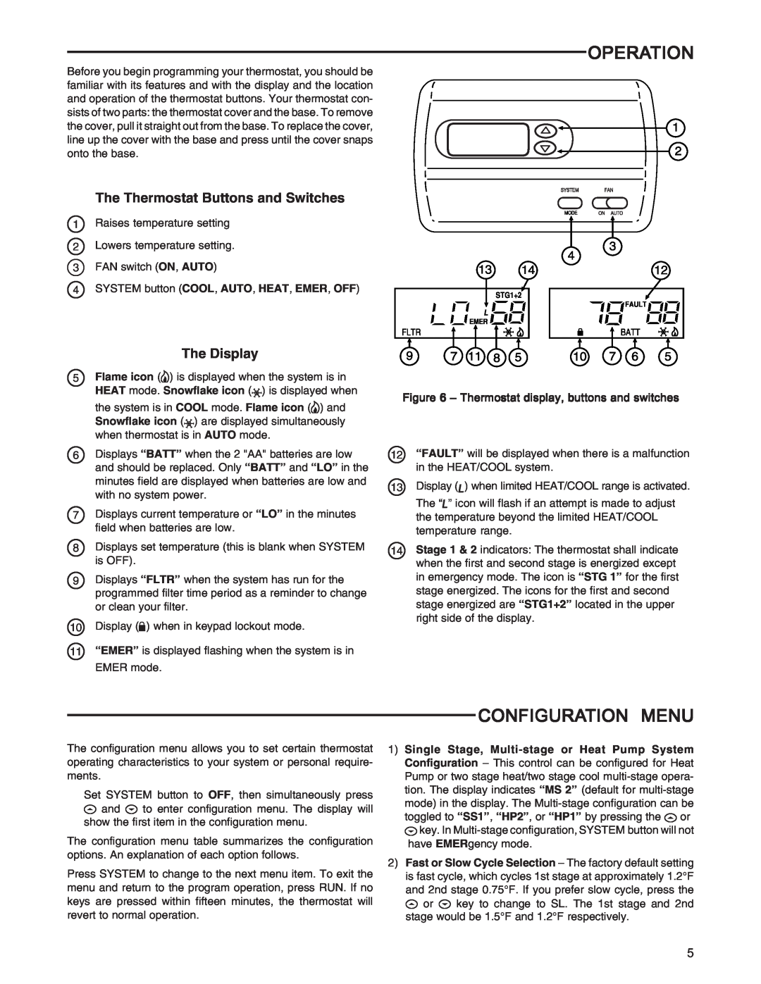 Emerson 1F83-277 installation instructions Operation, Configuration Menu, The Thermostat Buttons and Switches, The Display 