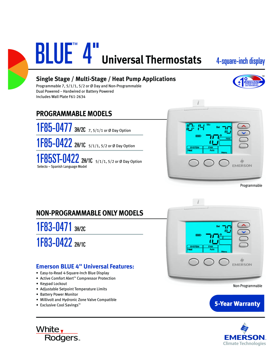 Emerson 1F85-0477, 1F85-0422 warranty 1F83-0471 3H/2C 1F83-0422 2H/1C, BLUE 4 Universal Thermostats 4-square-inch display 