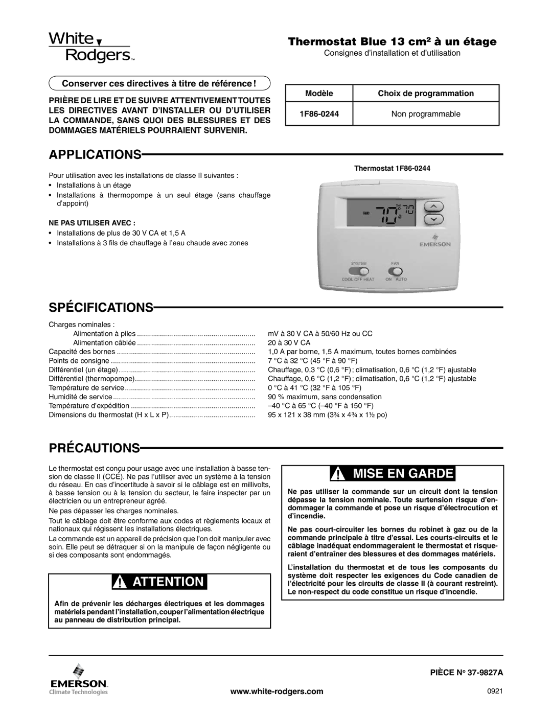 Emerson 1F86-0244 dimensions Applications, Spécifications, Précautions, NE PAS Utiliser Avec 