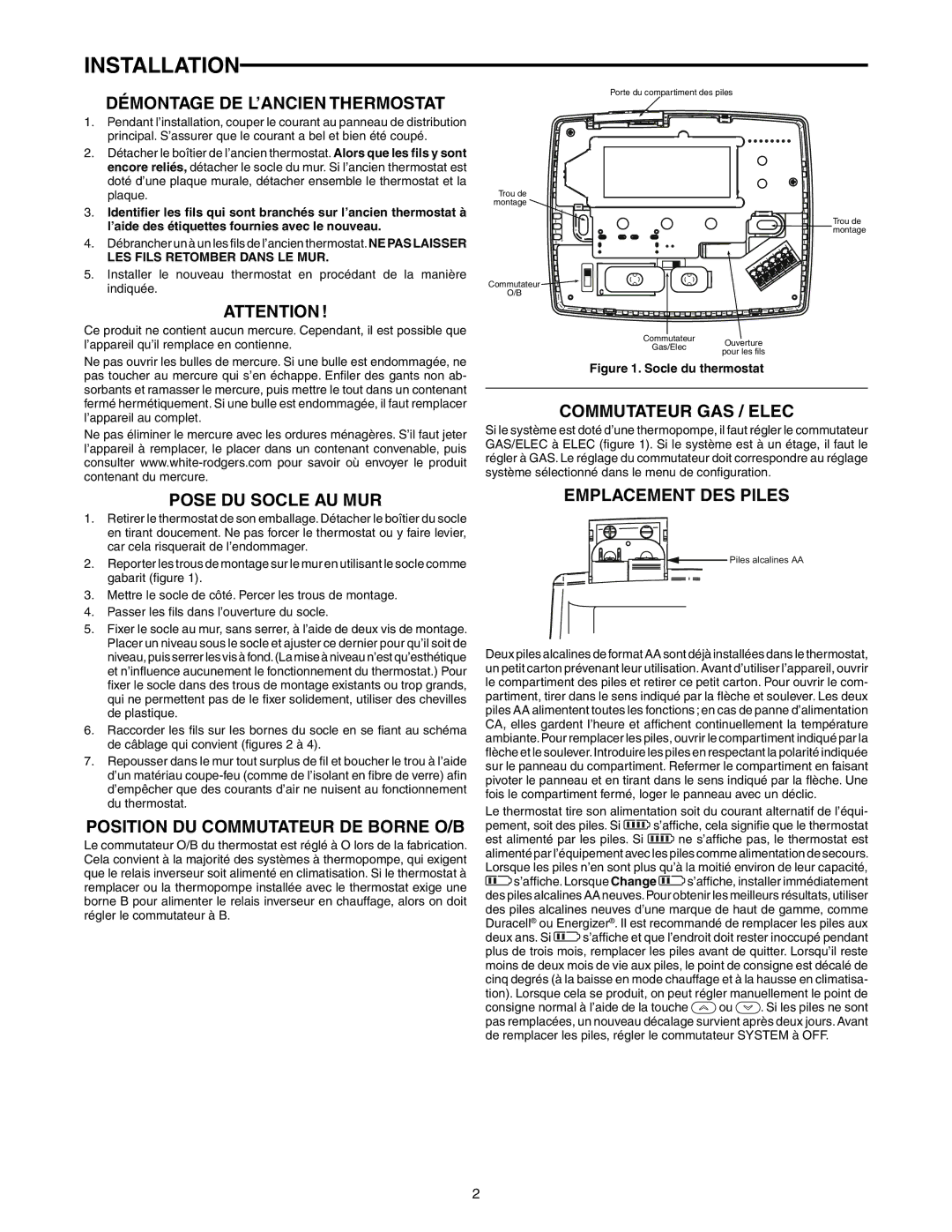 Emerson 1F86-0244 dimensions Installation, Démontage DE L’ANCIEN Thermostat, Position DU Commutateur DE Borne O/B 