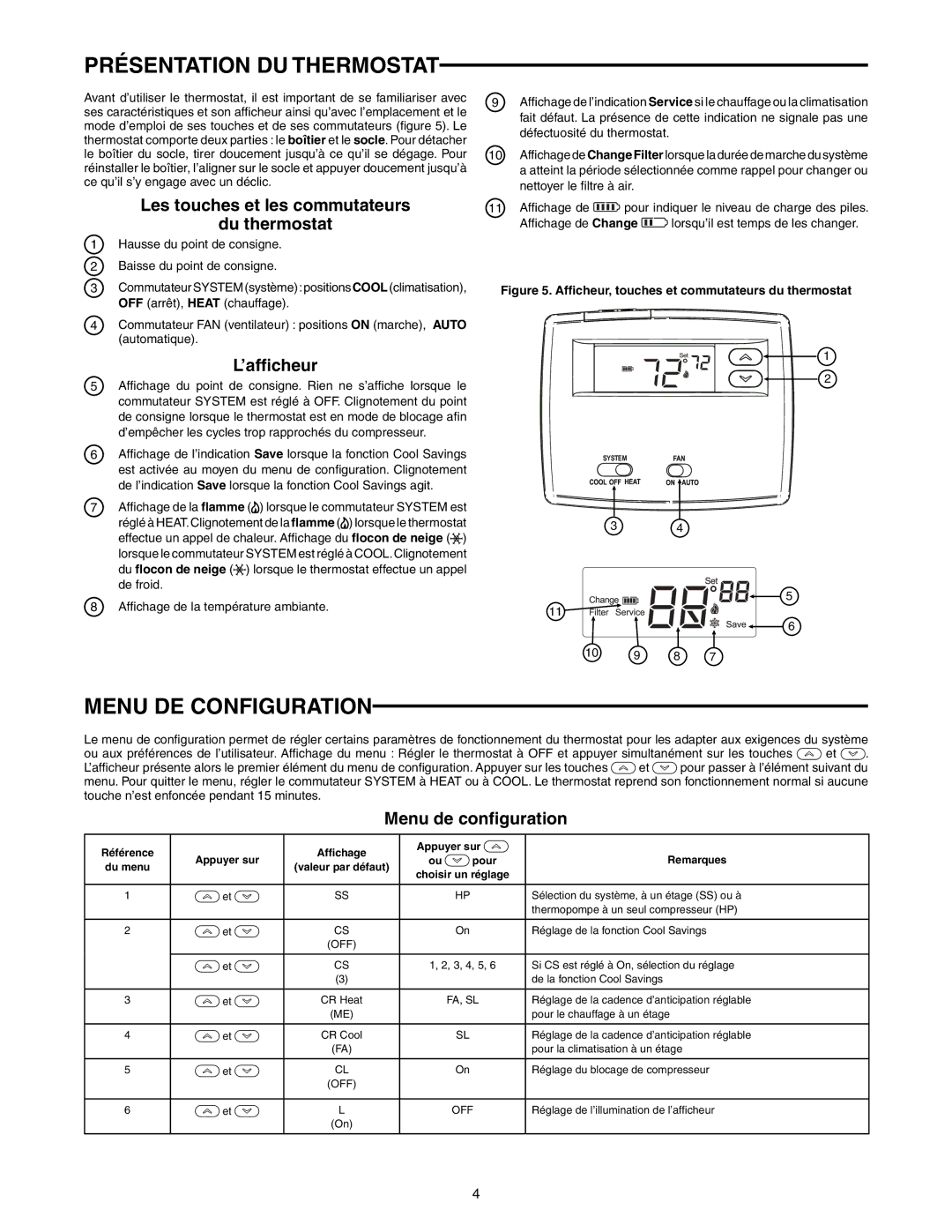 Emerson 1F86-0244 Présentation DU Thermostat, Menu DE Configuration, Les touches et les commutateurs Du thermostat 