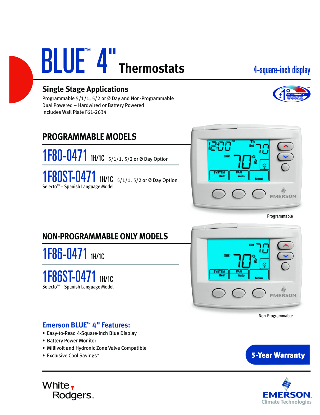 Emerson warranty 1F86-0471 1H/1C 1F86ST-0471 1H/1C, BLUE 4 Thermostats, Programmable Models, Single Stage Applications 