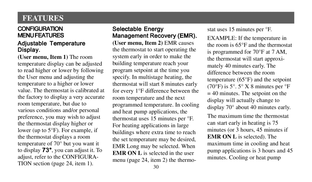 Emerson 1F92 manual Features, Adjustable Temperature Display, Selectable Energy Management Recovery EMR 