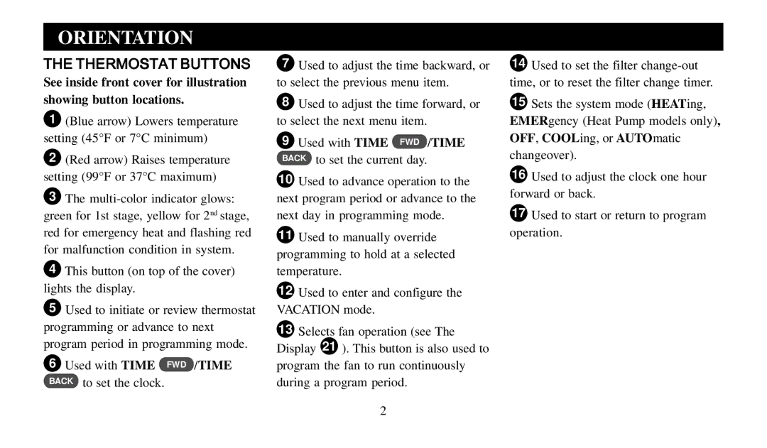 Emerson 1F92 manual Orientation, Thermostat Buttons 