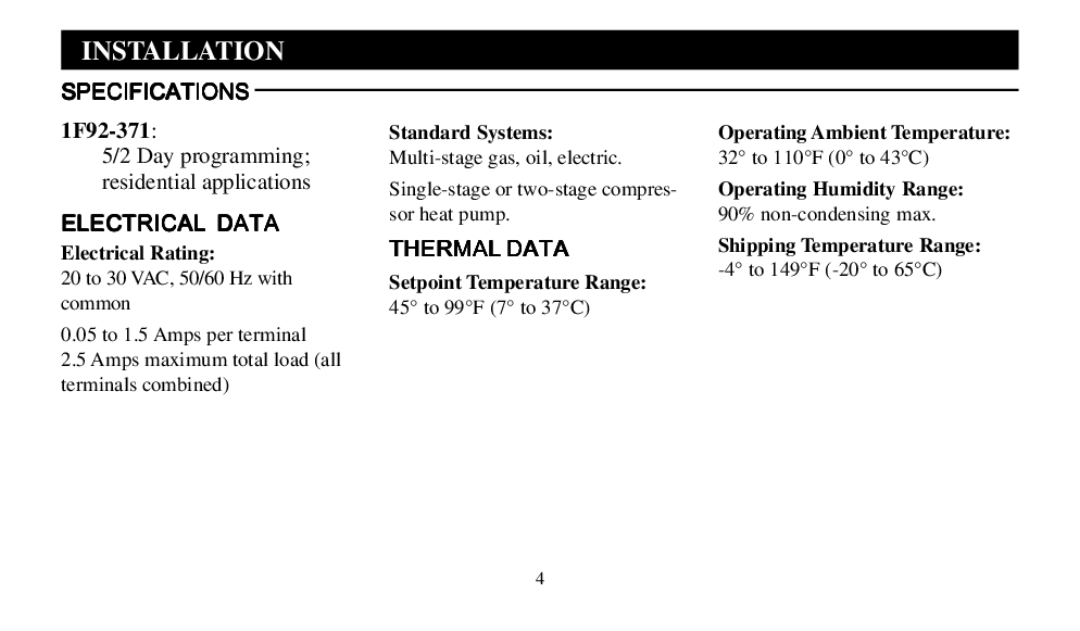 Emerson 1F92 manual Installation, Specifications, Electrical Data, Thermal Data 