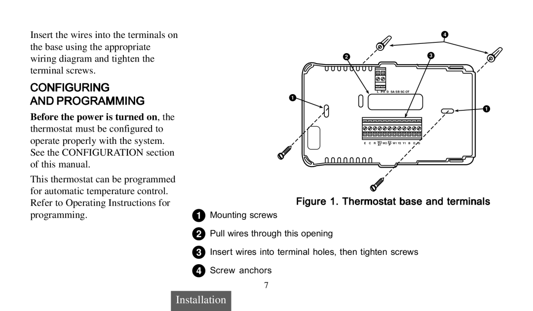 Emerson 1F92 manual Configuring Programming, Thermostat base and terminals 