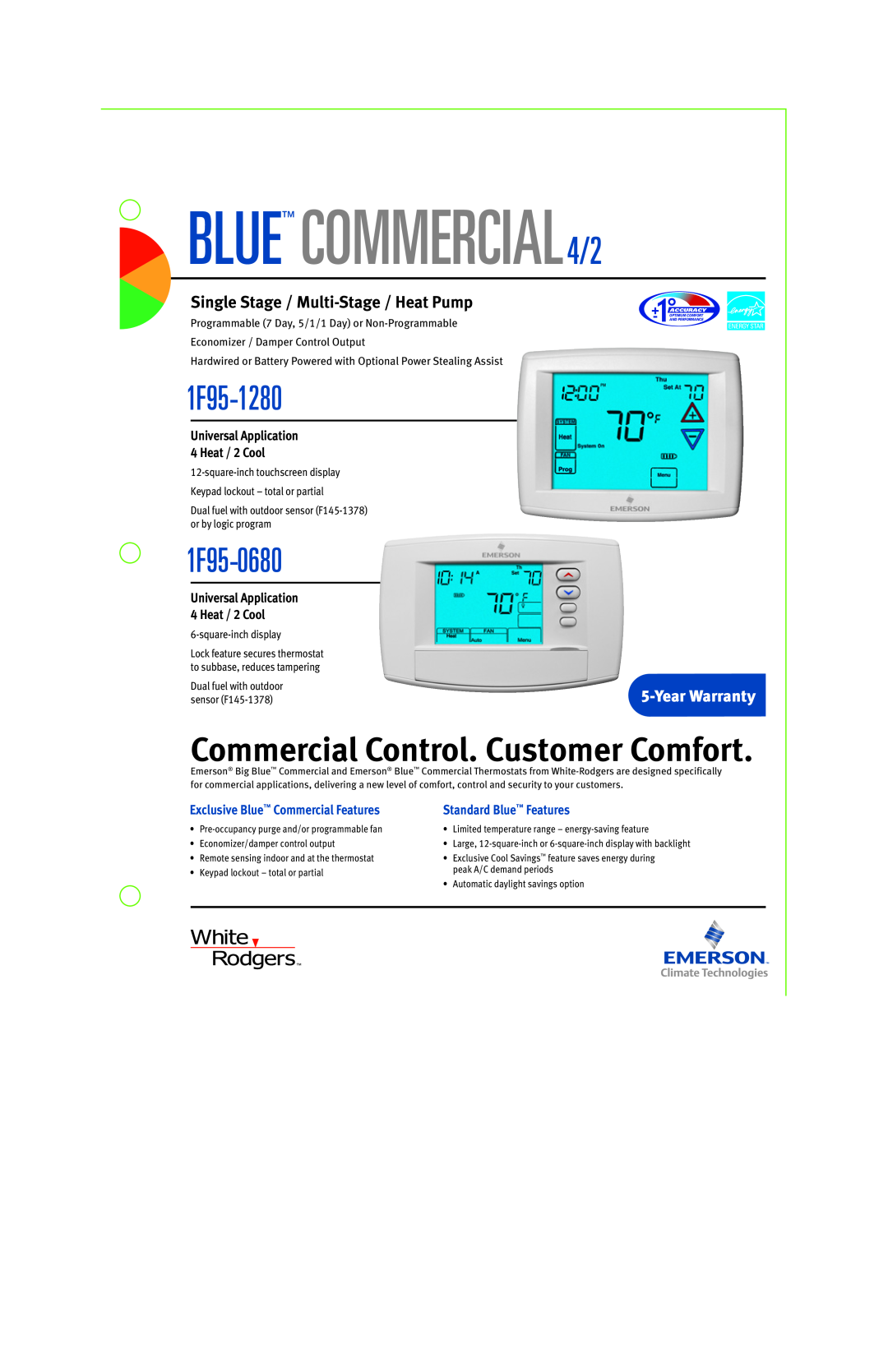 Emerson 1F95-0680 warranty BLUE COMMERCIAL4/2, 1F95-1280, Commercial Control. Customer Comfort, YearWarranty 
