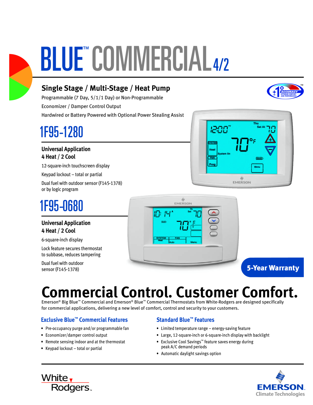 Emerson 1F95-0680 warranty BLUE COMMERCIAL4/2, 1F95-1280, Commercial Control. Customer Comfort, YearWarranty 
