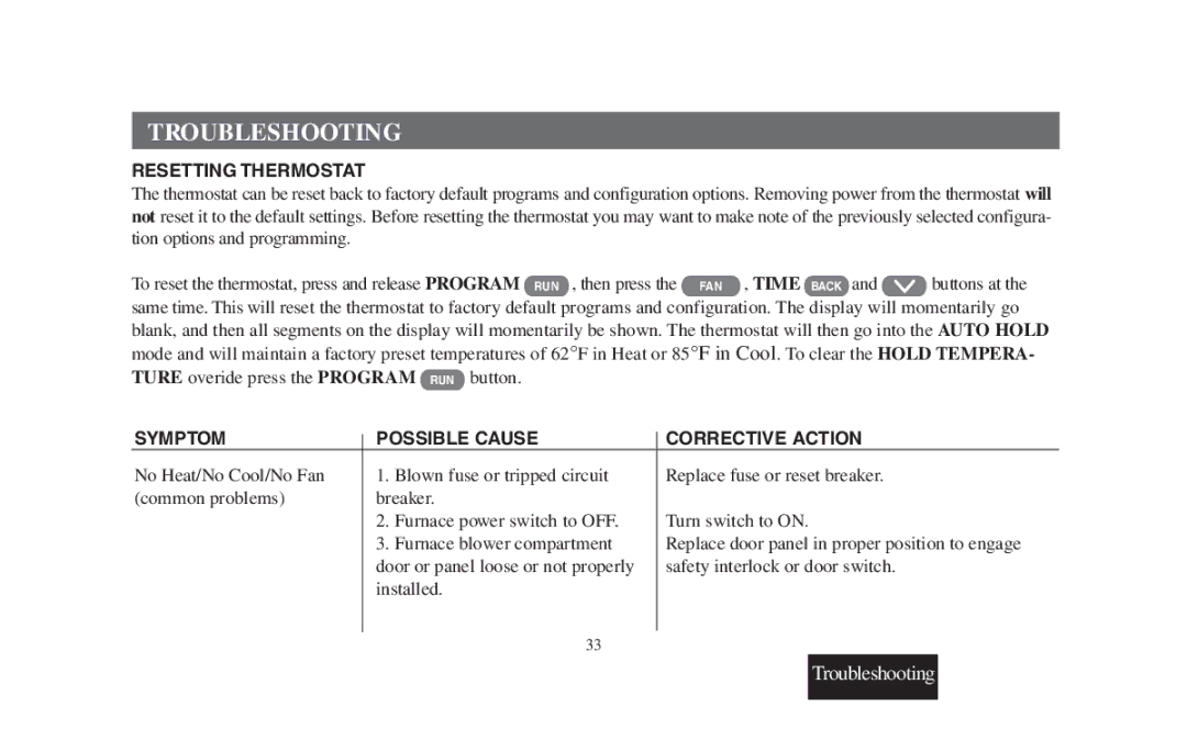 Emerson 1F95-391 manual Troubleshooting, Resetting Thermostat 