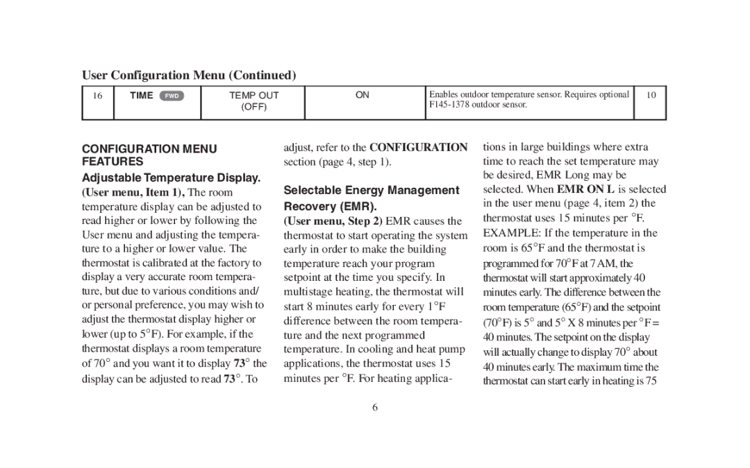 Emerson 1F95-391 manual Configuration Menu Features, Selectable Energy Management Recovery EMR 