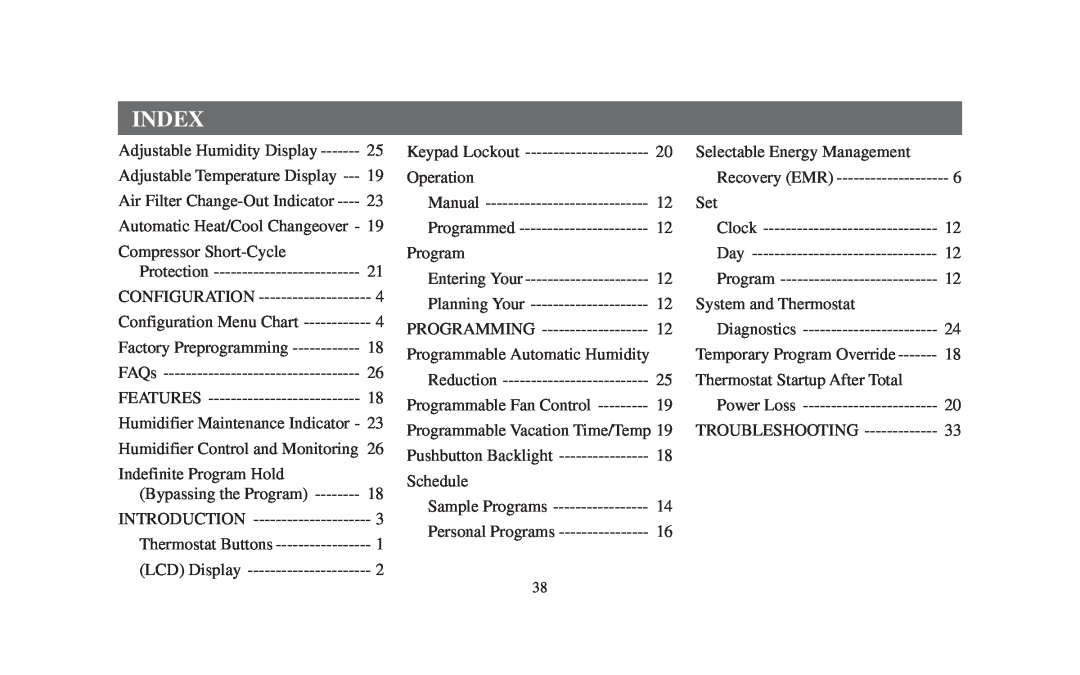 Emerson 1F95-391 manual Index, Configuration Menu Chart, Programming, Temporary Program Override, Troubleshooting 