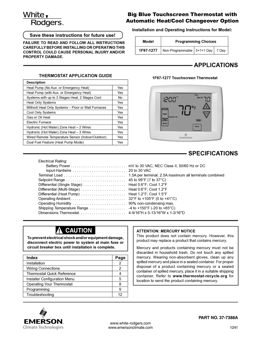 Emerson 1F97-1277 specifications Applications, Save these instructions for future use, Index, Model Programming Choices 