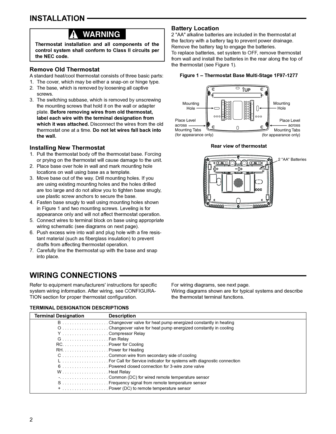 Emerson 1F97-1277 Installation, Wiring Connections, Remove Old Thermostat, Installing New Thermostat, Battery Location 