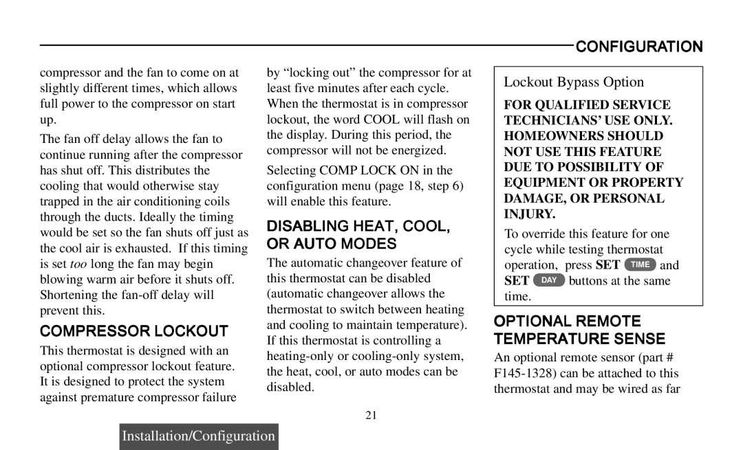 Emerson 1F97-391 Compressor Lockout, Disabling HEAT, COOL, or Auto Modes, Configuration, Optional Remote Temperature Sense 