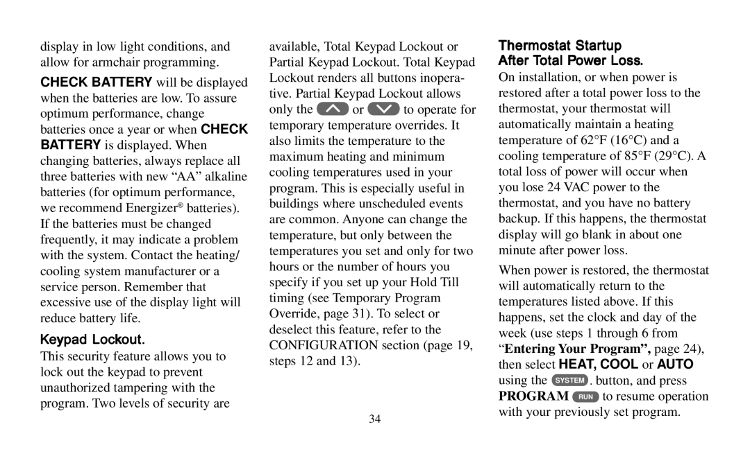 Emerson 1F97-391 operating instructions Keypad Lockout, Thermostat Startup After Total Power Loss 