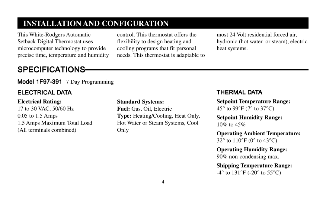 Emerson 1F97-391 operating instructions Specifications 