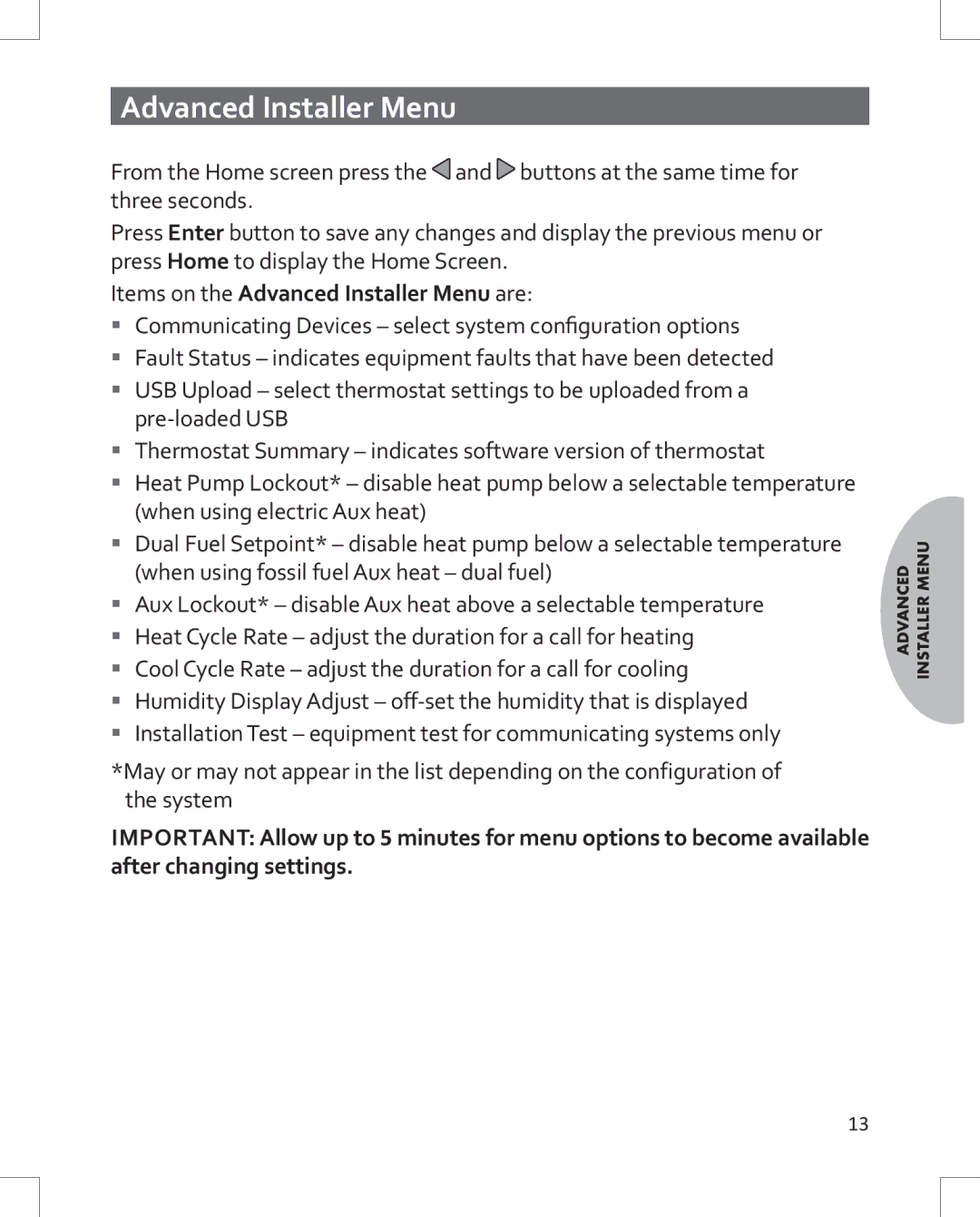 Emerson 1HDEZ-1521 installation instructions Items on the Advanced Installer Menu are 