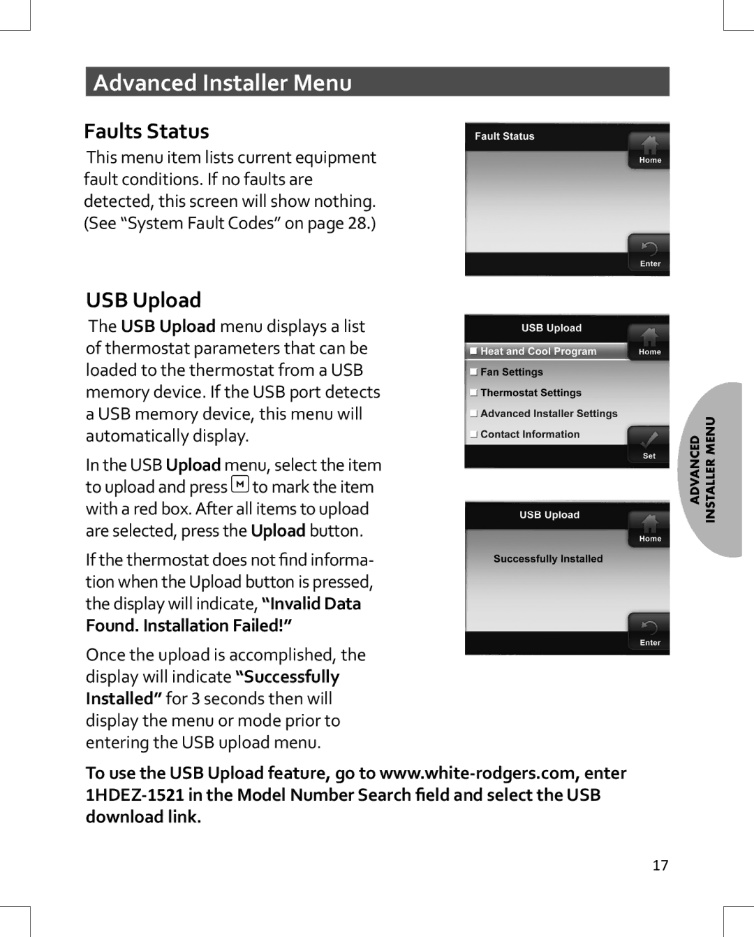 Emerson 1HDEZ-1521 installation instructions Faults Status, USB Upload, Found. Installation Failed 