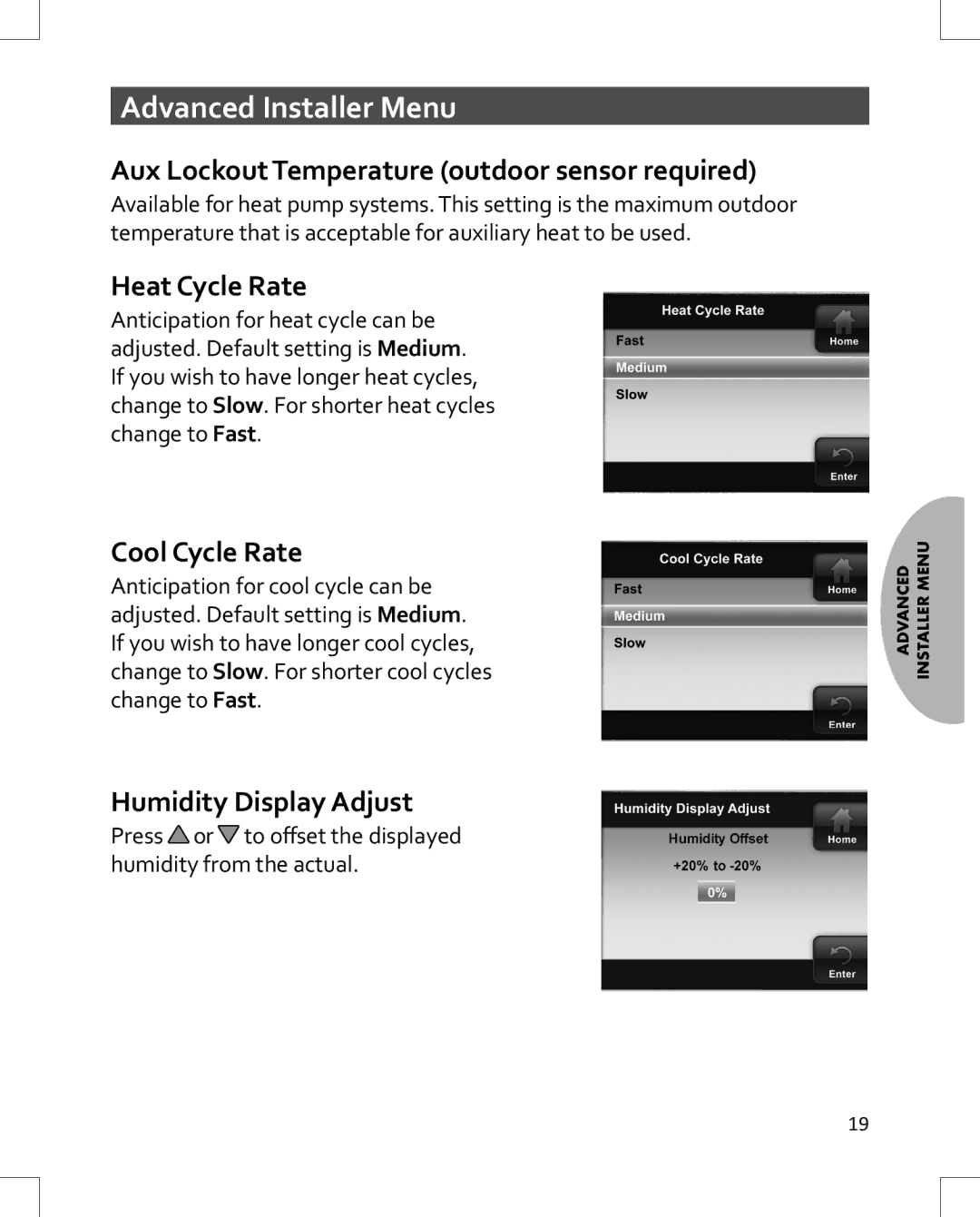 Emerson 1HDEZ-1521 Aux Lockout Temperature outdoor sensor required, Heat Cycle Rate, Cool Cycle Rate 