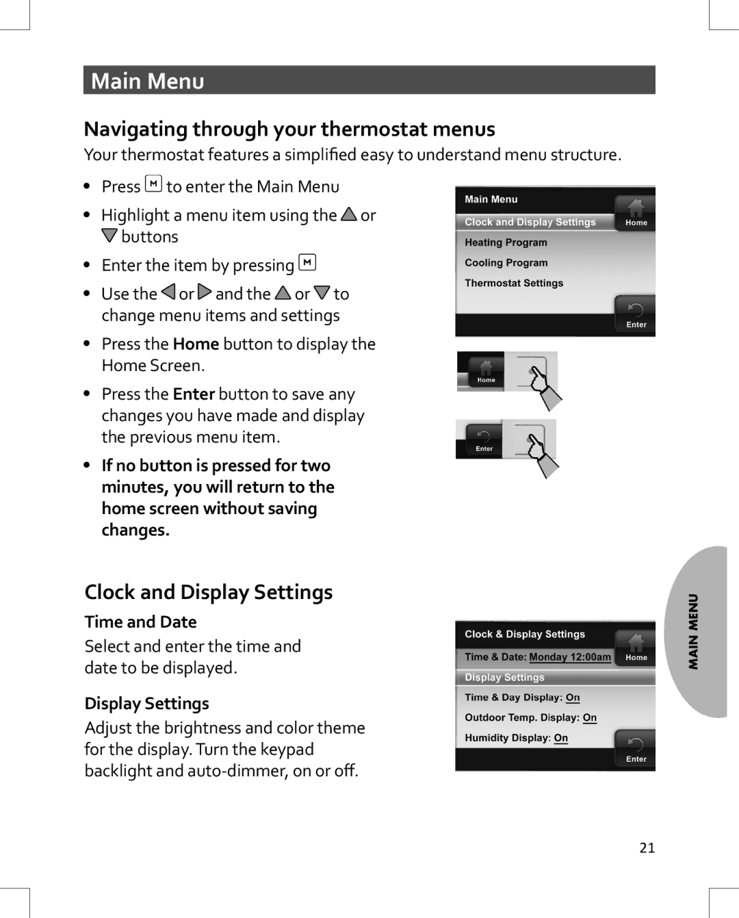 Emerson 1HDEZ-1521 Main Menu, Navigating through your thermostat menus, Clock and Display Settings, Time and Date 