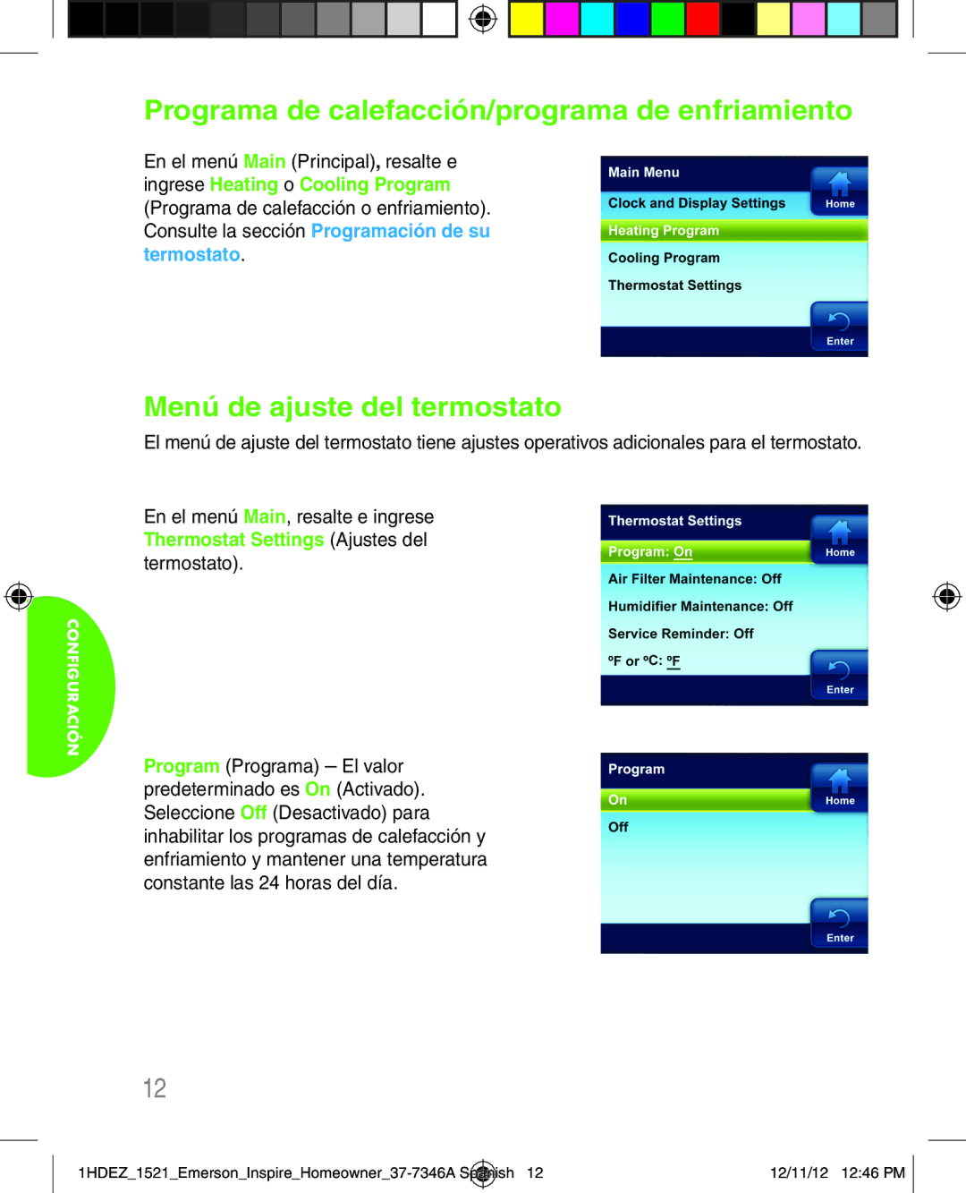 Emerson 1HDEZ-1521 manual Programa de calefacción/programa de enfriamiento 